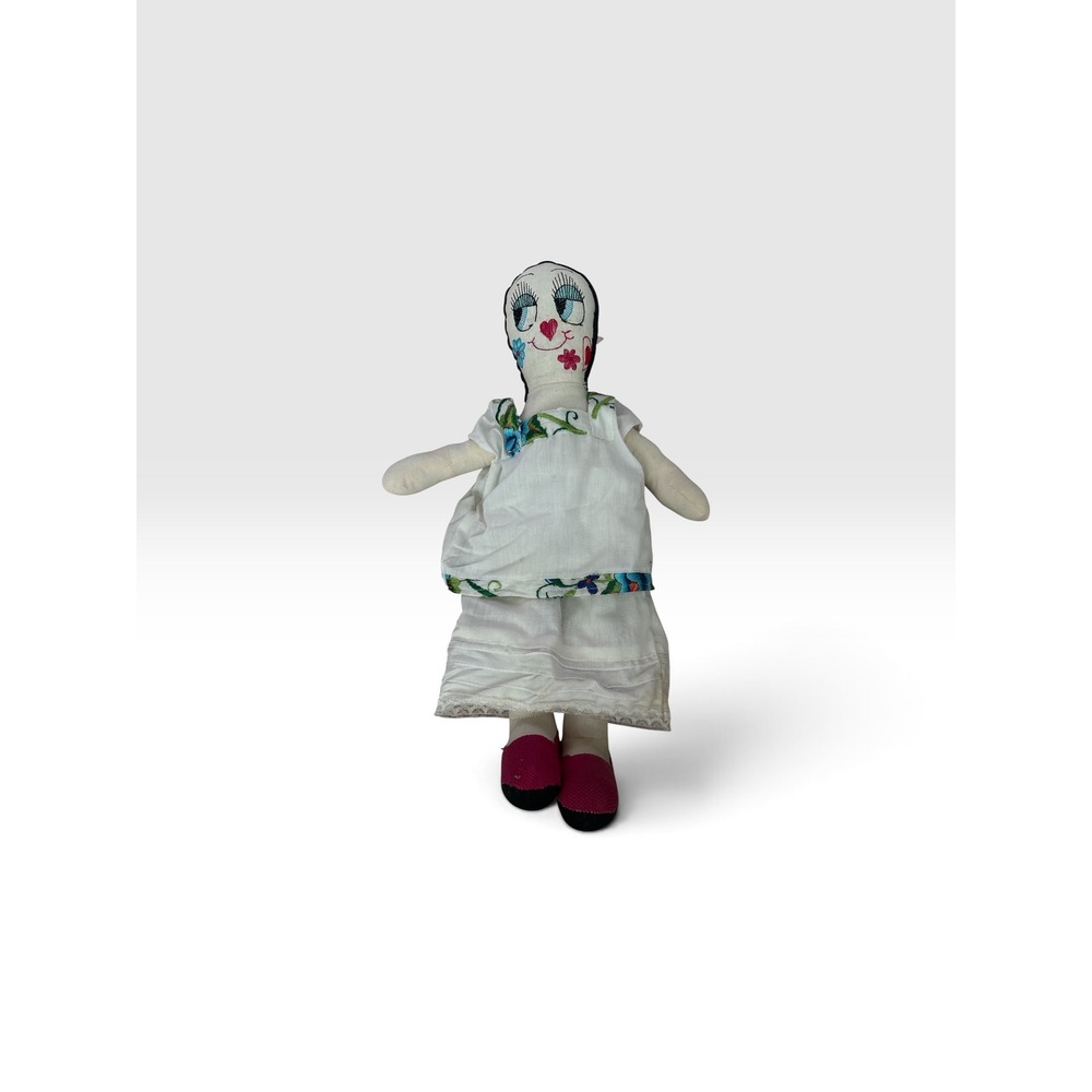 Vintage Mexican Folk Art Hand Painted Rag Doll 100% Cotton Embroidered 17.5"